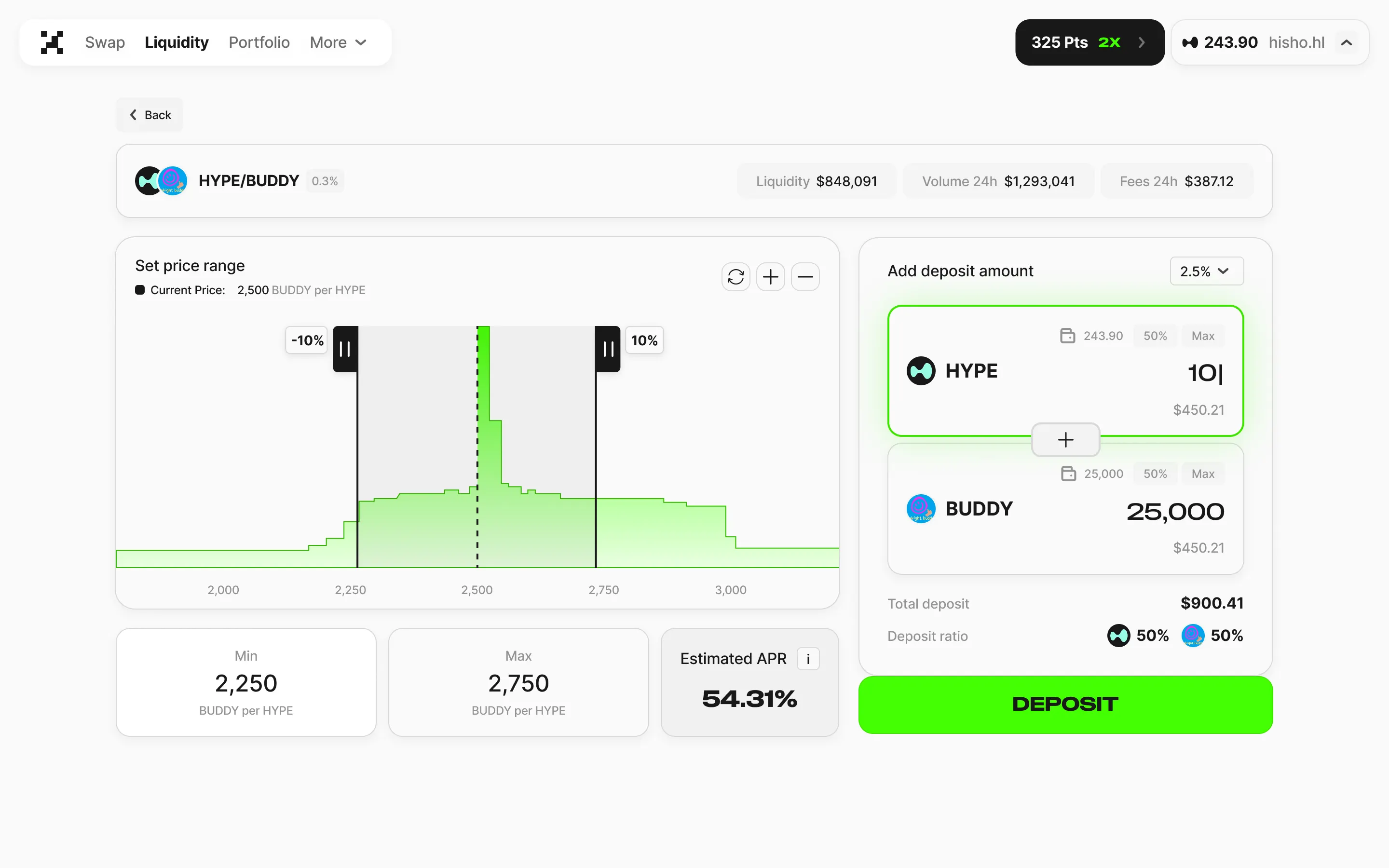 HYPE/BUDDYプール、価格レンジ、推定APRを表示するProjectXの集中流動性インターフェース